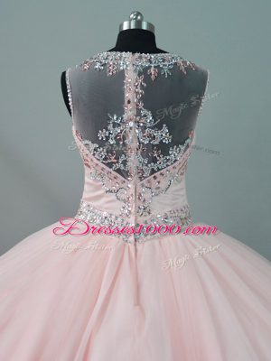 Most Popular Tulle Scoop Sleeveless Zipper Beading Vestidos de Quinceanera in Peach