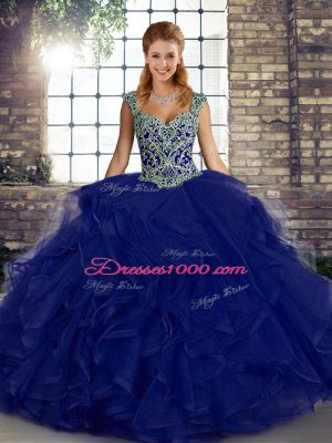 Vintage Straps Sleeveless Quinceanera Gown Floor Length Beading and Ruffles Purple Tulle