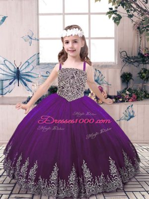 Purple Sleeveless Beading and Appliques Floor Length Girls Pageant Dresses