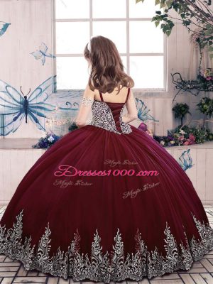 Purple Sleeveless Beading and Appliques Floor Length Girls Pageant Dresses