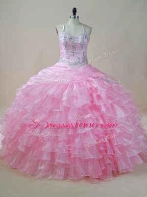 Baby Pink Halter Top Lace Up Embroidery and Ruffled Layers Quinceanera Dress Sleeveless