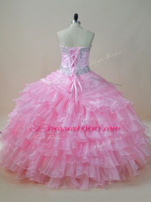 Baby Pink Halter Top Lace Up Embroidery and Ruffled Layers Quinceanera Dress Sleeveless