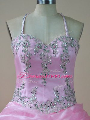 Baby Pink Halter Top Lace Up Embroidery and Ruffled Layers Quinceanera Dress Sleeveless