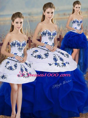 Dynamic Royal Blue Sweetheart Neckline Embroidery and Ruffles and Bowknot Vestidos de Quinceanera Sleeveless Lace Up