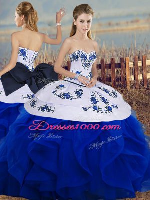 Dynamic Royal Blue Sweetheart Neckline Embroidery and Ruffles and Bowknot Vestidos de Quinceanera Sleeveless Lace Up