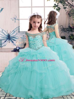 Gorgeous Aqua Blue Tulle Lace Up Teens Party Dress Sleeveless Floor Length Beading