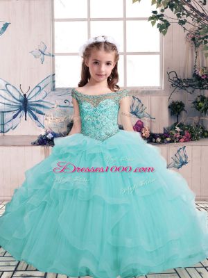 Gorgeous Aqua Blue Tulle Lace Up Teens Party Dress Sleeveless Floor Length Beading