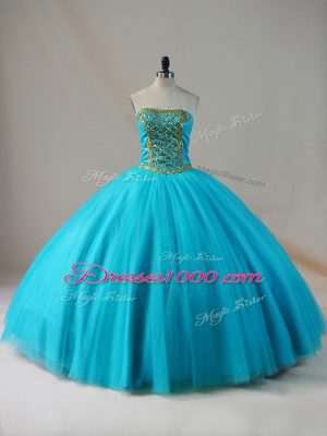 Luxury Blue Lace Up Strapless Beading Ball Gown Prom Dress Tulle Sleeveless