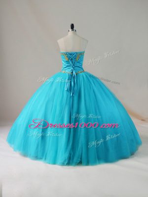 Luxury Blue Lace Up Strapless Beading Ball Gown Prom Dress Tulle Sleeveless