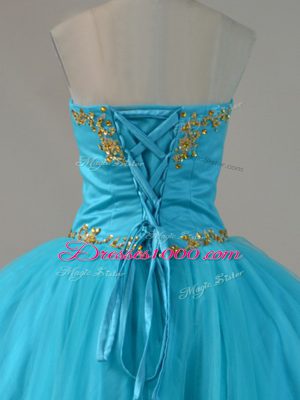 Luxury Blue Lace Up Strapless Beading Ball Gown Prom Dress Tulle Sleeveless