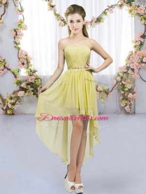 Latest Yellow Empire Chiffon Sweetheart Sleeveless Beading High Low Lace Up Quinceanera Court of Honor Dress