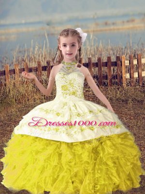 Floor Length Gold Little Girls Pageant Dress Organza Sleeveless Beading and Embroidery and Ruffles