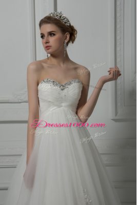 Glittering White Sleeveless Court Train Beading and Lace and Hand Made Flower Bridal Gown