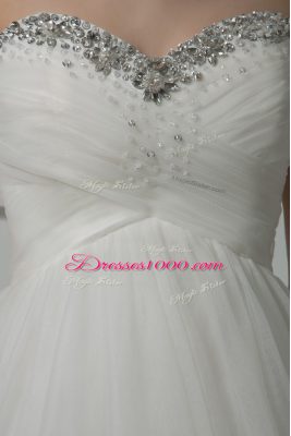 Glittering White Sleeveless Court Train Beading and Lace and Hand Made Flower Bridal Gown