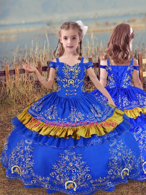 Excellent Blue Little Girls Pageant Dress Wholesale Wedding Party with Beading and Embroidery Off The Shoulder Sleeveless Lace Up