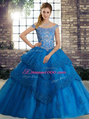 Sexy Blue Lace Up Off The Shoulder Beading and Lace Quinceanera Dress Tulle Sleeveless Brush Train