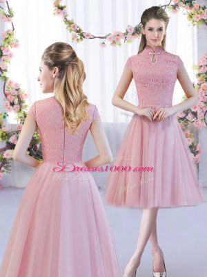 Pink High-neck Neckline Lace Bridesmaids Dress Cap Sleeves Zipper