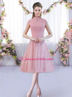 Pink High-neck Neckline Lace Bridesmaids Dress Cap Sleeves Zipper