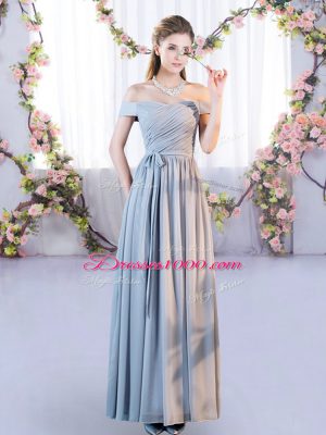 Inexpensive Grey Empire Belt Wedding Party Dress Lace Up Chiffon Sleeveless Floor Length