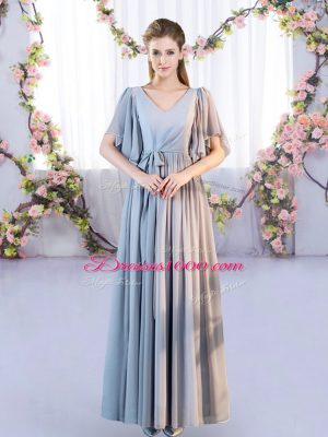 Inexpensive Grey Empire Belt Wedding Party Dress Lace Up Chiffon Sleeveless Floor Length
