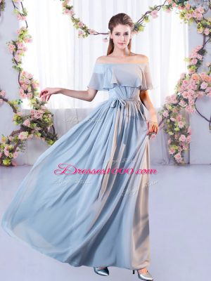 Inexpensive Grey Empire Belt Wedding Party Dress Lace Up Chiffon Sleeveless Floor Length