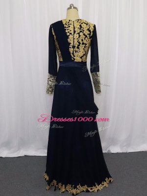 Admirable Column/Sheath Evening Dress Navy Blue Scoop Chiffon Long Sleeves Floor Length Zipper