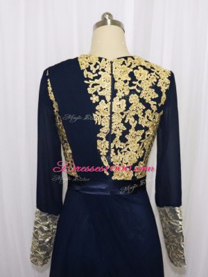 Admirable Column/Sheath Evening Dress Navy Blue Scoop Chiffon Long Sleeves Floor Length Zipper