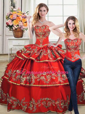 On Sale Red Sweetheart Neckline Embroidery and Ruffled Layers Quince Ball Gowns Sleeveless Lace Up