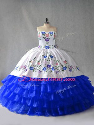 Royal Blue Organza Lace Up Sweetheart Sleeveless 15th Birthday Dress Embroidery and Ruffled Layers