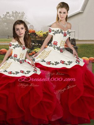 Edgy White And Red Sleeveless Tulle Lace Up Quinceanera Dresses for Military Ball and Sweet 16 and Quinceanera