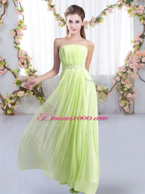 Chiffon Strapless Sleeveless Sweep Train Lace Up Beading Quinceanera Court Dresses in Yellow Green