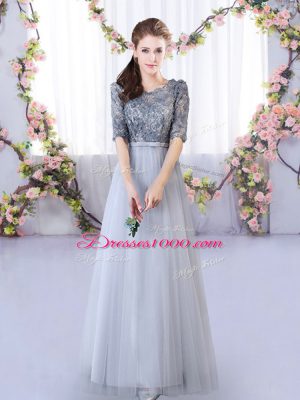 Appliques Damas Dress Grey Lace Up Half Sleeves Floor Length