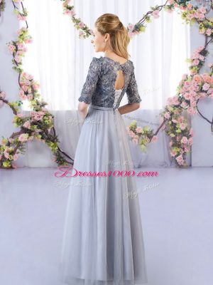 Appliques Damas Dress Grey Lace Up Half Sleeves Floor Length