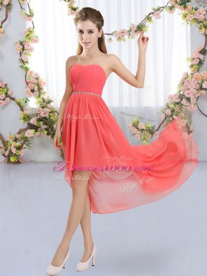 Fine Strapless Sleeveless Lace Up Wedding Party Dress Watermelon Red Chiffon