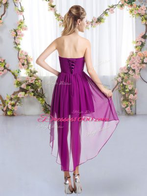 Fine Strapless Sleeveless Lace Up Wedding Party Dress Watermelon Red Chiffon