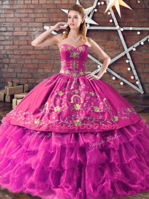 Wonderful Fuchsia Satin and Organza Lace Up Sweet 16 Dresses Sleeveless Floor Length Embroidery