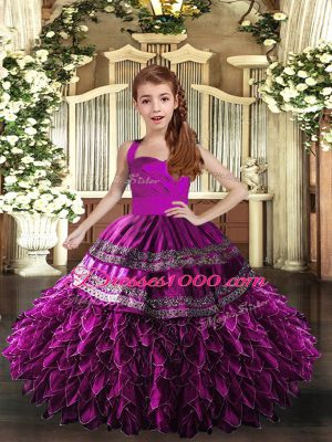 New Style Straps Sleeveless Lace Up Child Pageant Dress Purple Organza