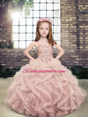 Top Selling Pink Kids Formal Wear Party and Military Ball and Wedding Party with Beading and Ruffles Straps Sleeveless Lace Up