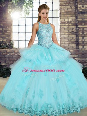 Aqua Blue Tulle Lace Up Quinceanera Dress Sleeveless Floor Length Lace and Embroidery and Ruffles