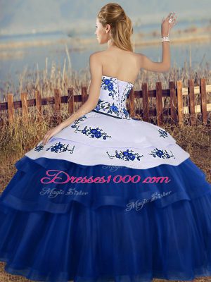 Beauteous Royal Blue Sleeveless Floor Length Embroidery Lace Up Quince Ball Gowns