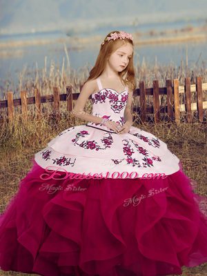 Fuchsia Mermaid Embroidery and Ruffles Pageant Dress for Womens Lace Up Sleeveless Floor Length