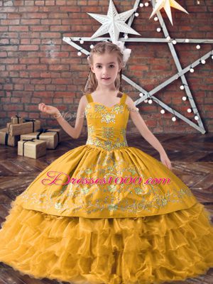Low Price Floor Length Gold Little Girl Pageant Gowns Satin and Organza Sleeveless Embroidery and Ruffled Layers