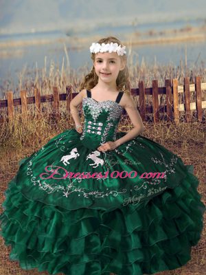 Dark Green Organza Lace Up Straps Sleeveless Floor Length Party Dresses Embroidery and Ruffled Layers