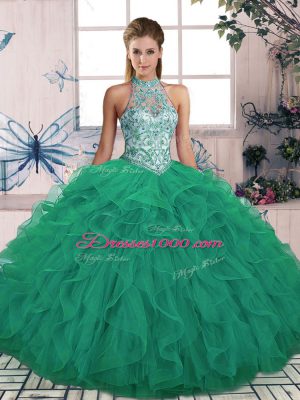 Decent Turquoise Sleeveless Tulle Lace Up Quinceanera Dresses for Military Ball and Sweet 16 and Quinceanera