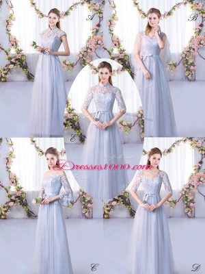 Super Grey Tulle Lace Up Bridesmaid Dresses Cap Sleeves Floor Length Lace