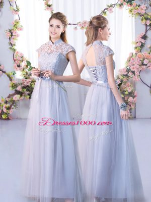 Super Grey Tulle Lace Up Bridesmaid Dresses Cap Sleeves Floor Length Lace