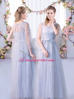 Super Grey Tulle Lace Up Bridesmaid Dresses Cap Sleeves Floor Length Lace