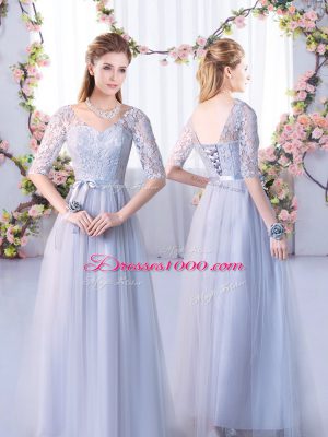 Super Grey Tulle Lace Up Bridesmaid Dresses Cap Sleeves Floor Length Lace