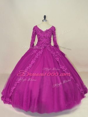 Classical Fuchsia Ball Gowns Tulle V-neck Long Sleeves Lace and Appliques Floor Length Lace Up Vestidos de Quinceanera