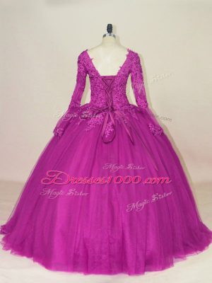 Classical Fuchsia Ball Gowns Tulle V-neck Long Sleeves Lace and Appliques Floor Length Lace Up Vestidos de Quinceanera